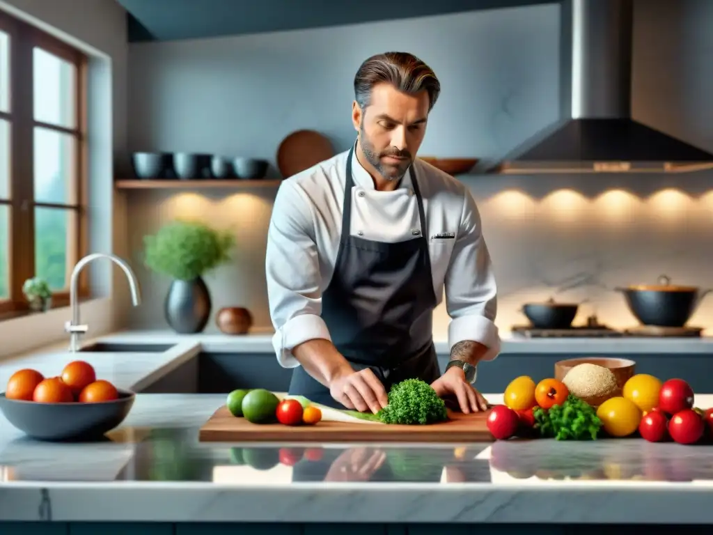 Un chef renombrado prepara una receta sin gluten con ingredientes frescos en una cocina moderna