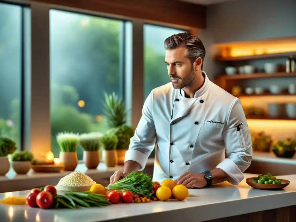 Un chef de renombre prepara una receta sin gluten de autor en una cocina moderna y elegante