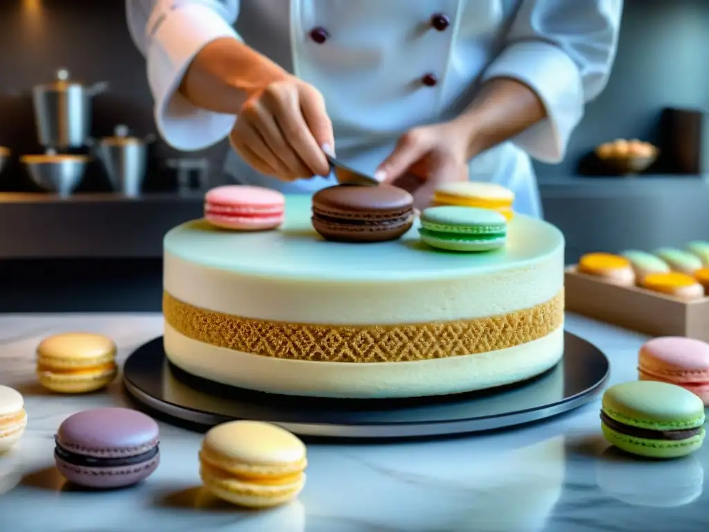 Un chef de repostería francés crea arte culinario sin gluten con precisión y detalle rodeado de macarons y pastelería elegante