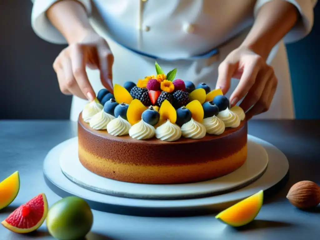 Un chef de repostería profesional decorando con precisión un pastel sin gluten con agar agar y ingredientes naturales