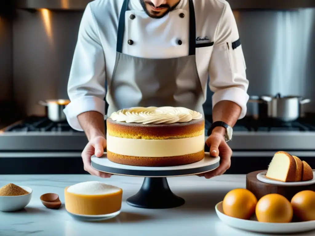 Un chef de repostería sin gluten aplica técnicas innovadoras en una cocina moderna y sofisticada