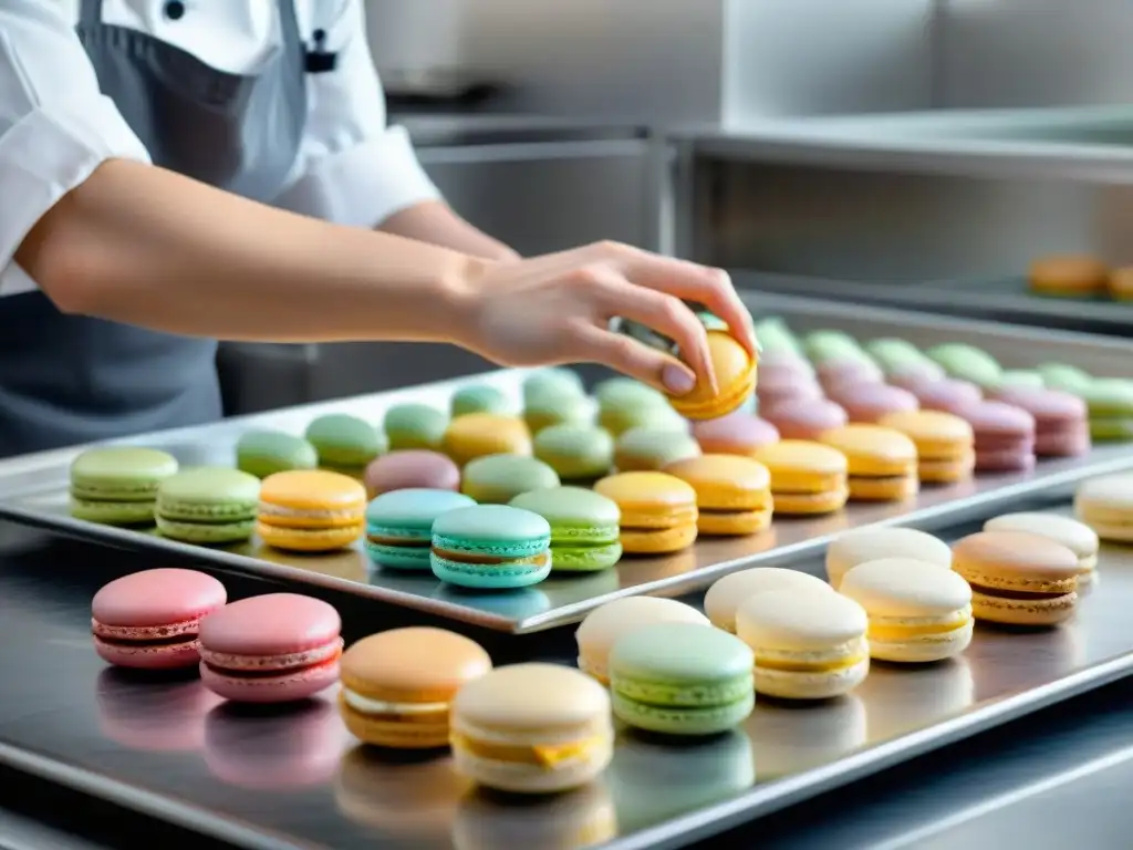 Un chef repostero profesional elabora macarons sin gluten con precisión, mostrando arte culinario