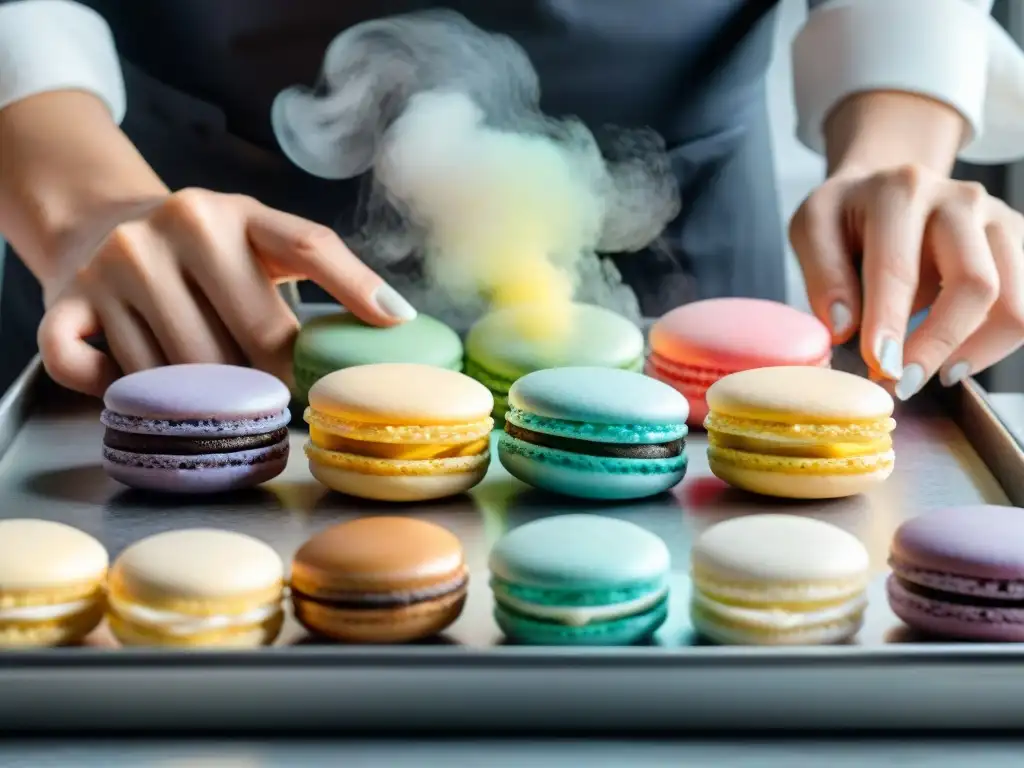 Un chef repostero profesional elaborando macarons sin gluten con destreza, en una cocina organizada y luminosa