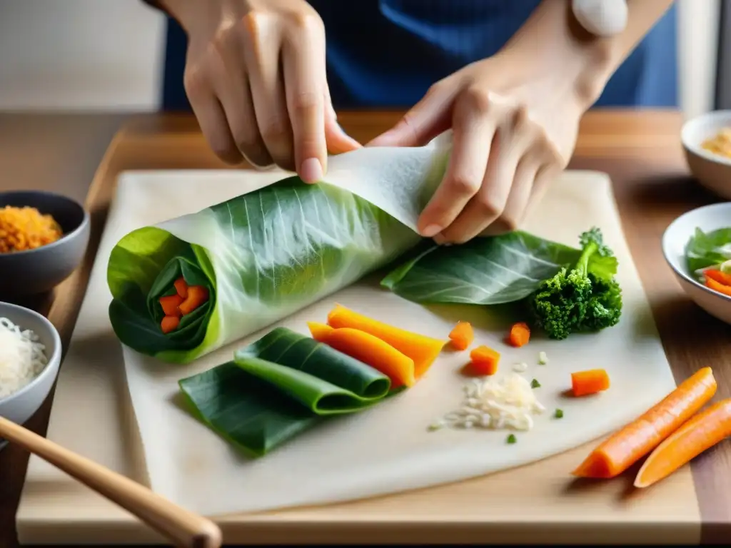 Un chef envuelve expertamente un rollito primavera sin gluten con ingredientes frescos y coloridos, destacando la técnica culinaria asiática