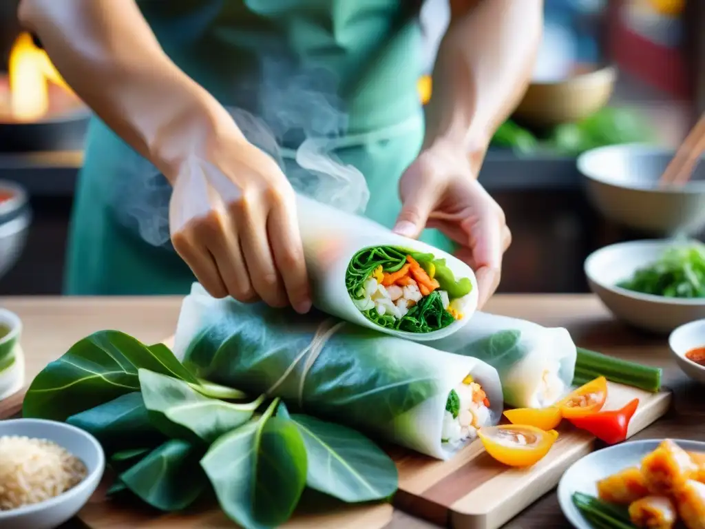 Un chef hábil preparando rollos primavera sin gluten con ingredientes frescos en un animado mercado vietnamita