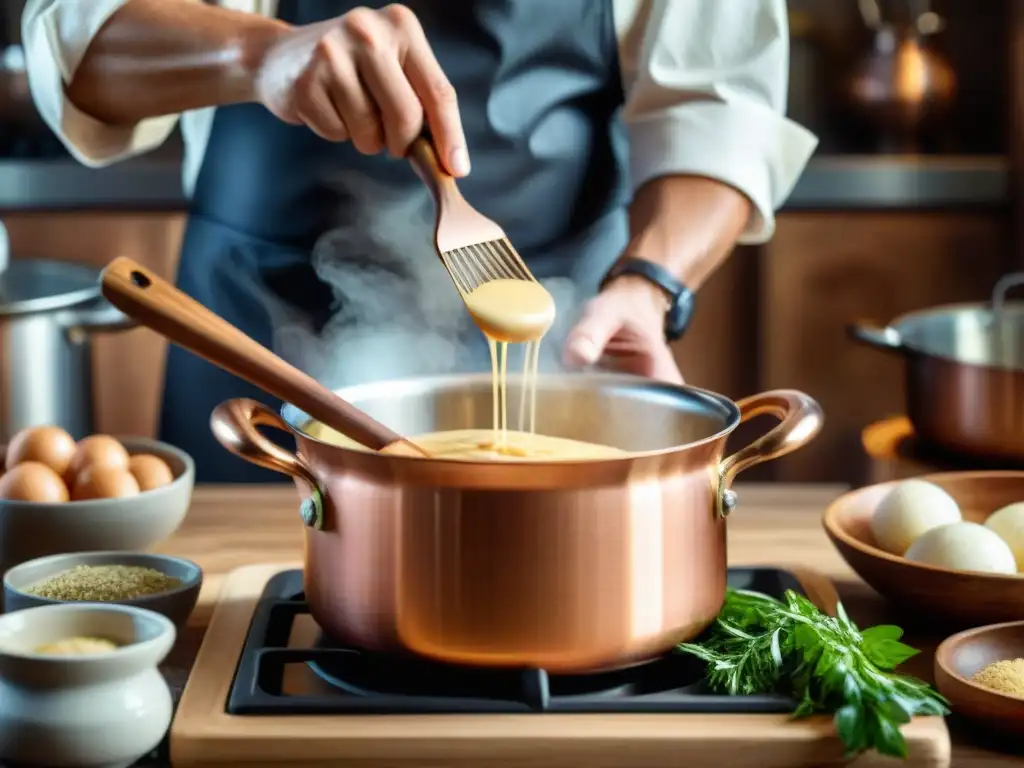 Chef batiendo una salsa sin gluten en olla de cobre, destacando su textura cremosa