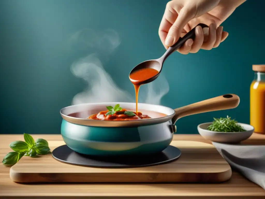 Un chef vierte una salsa sin gluten sobre una olla humeante, con una cocina organizada al fondo