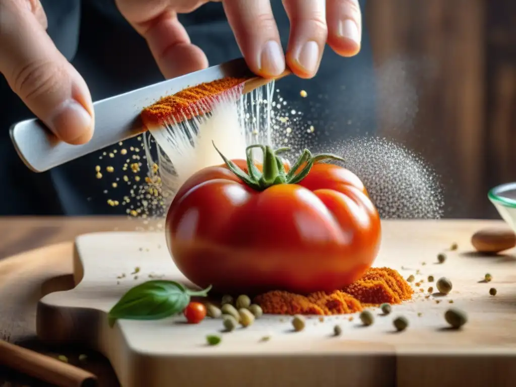 Chef preparando salsa con harinas alternativas sin gluten, mezclando tomate rojo aplastado y especias coloridas en tabla de cortar rústica