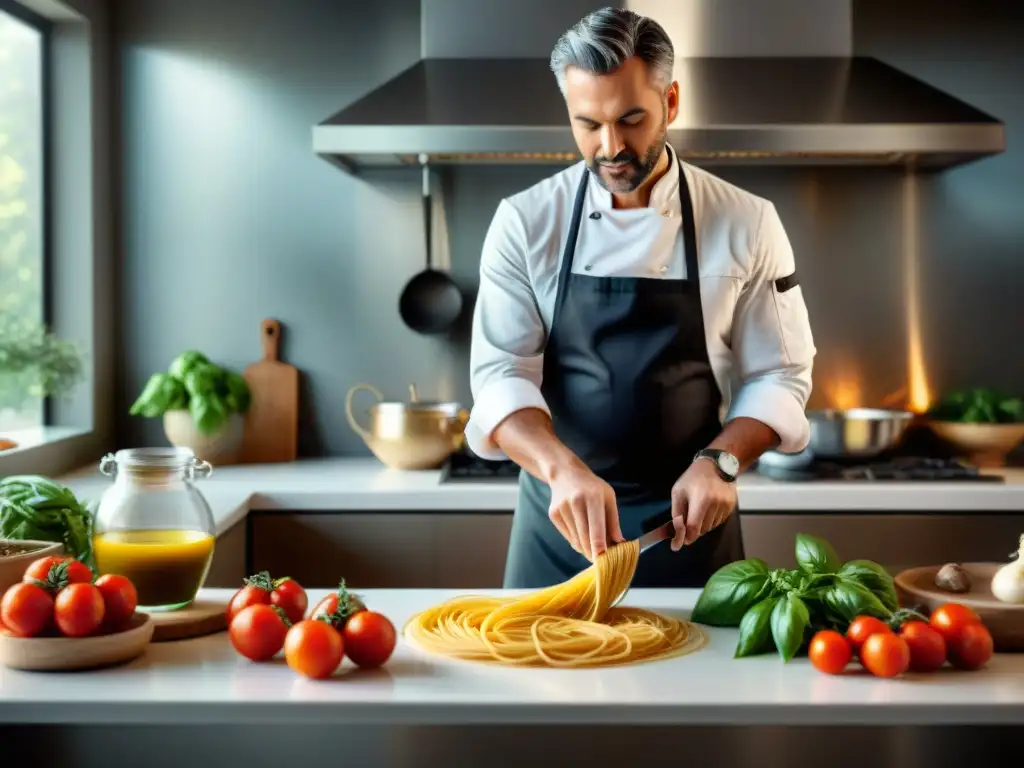 Un chef preparando salsa de tomate sin gluten en una cocina moderna con ingredientes frescos