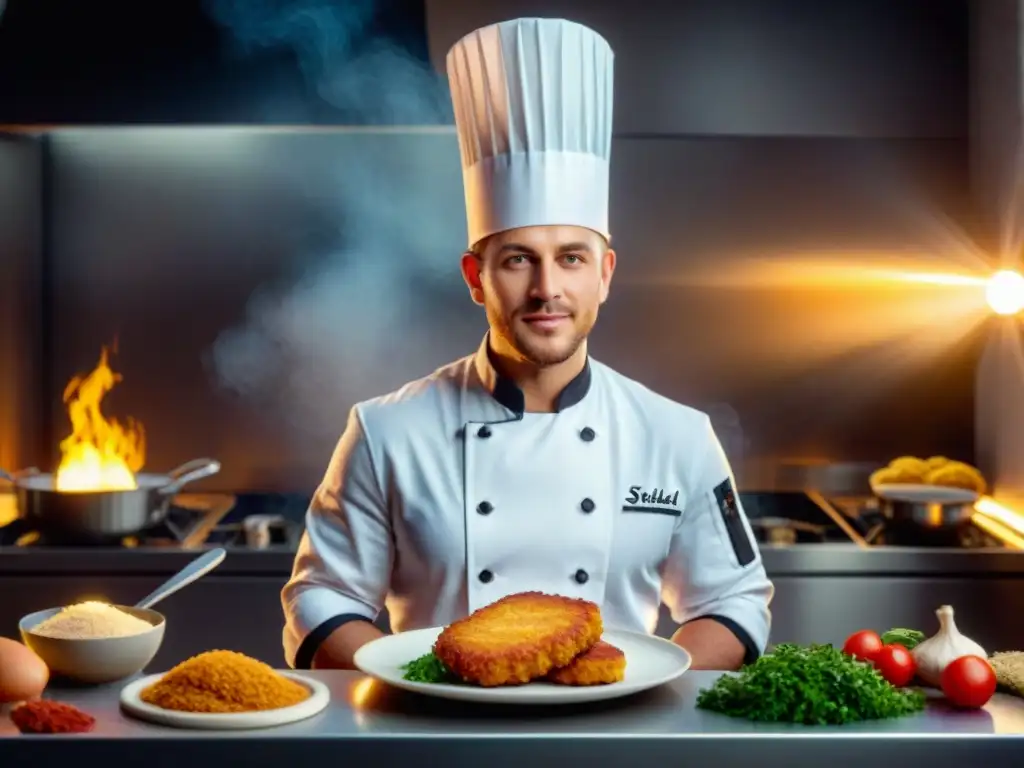 Un chef preparando schnitzel sin gluten en una cocina moderna