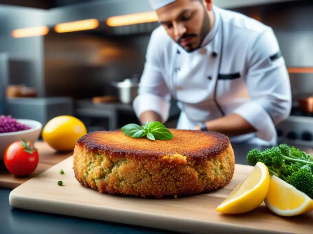 Chef preparando un Schnitzel sin gluten en cocina moderna, reinventando la receta clásica