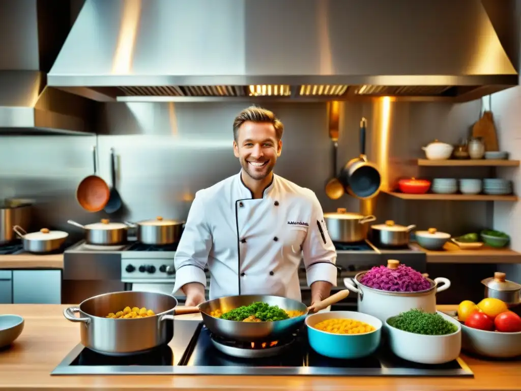 Un chef sonriente en una cocina bulliciosa, cocinando sin gluten con ingredientes frescos y coloridos