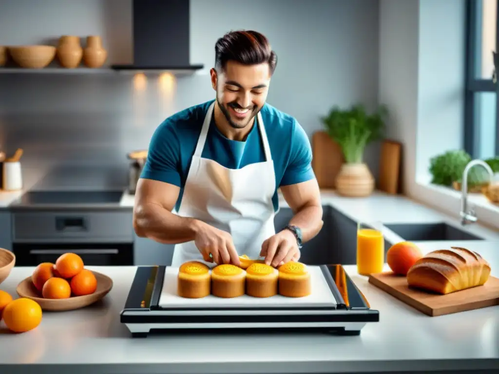 Un chef sonriente en cocina moderna, creando platos sin gluten con impresión 3D