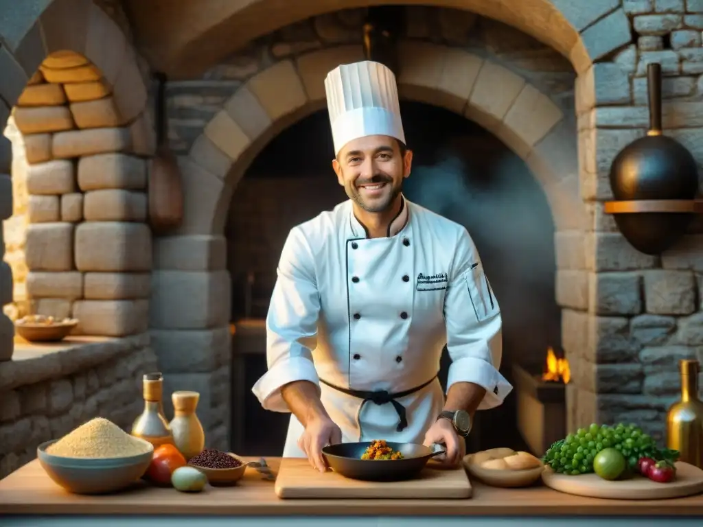 Un chef sonriente en una cocina tradicional de Burgos, preparando un plato sin gluten con pasión y detalle, rodeado de utensilios medievales