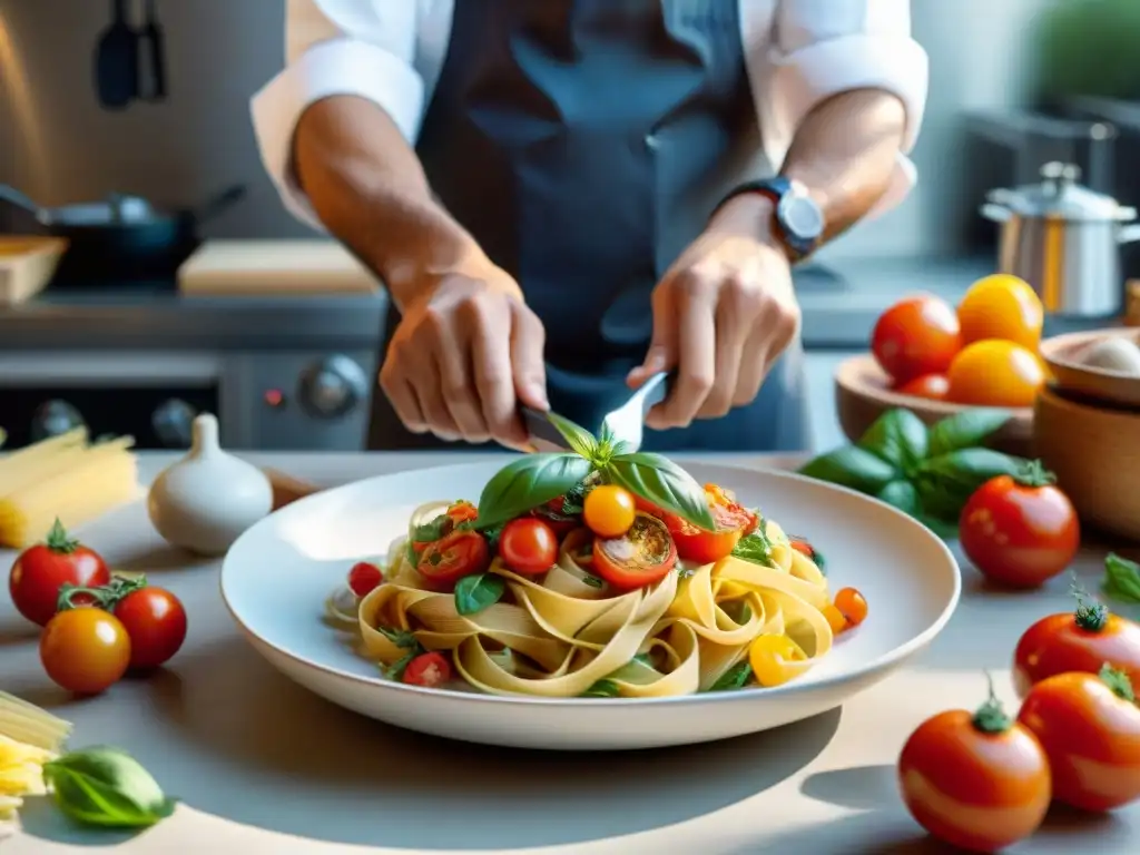 Un chef sonriente prepara una deliciosa receta de pasta sin gluten en una cocina moderna y colorida, rodeado de ingredientes frescos