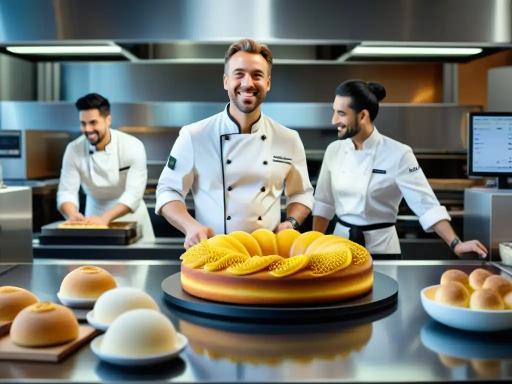 Un chef sonriente ajusta impresora 3D de 'Alimentos sin gluten en 3D' en cocina moderna con tecnología avanzada