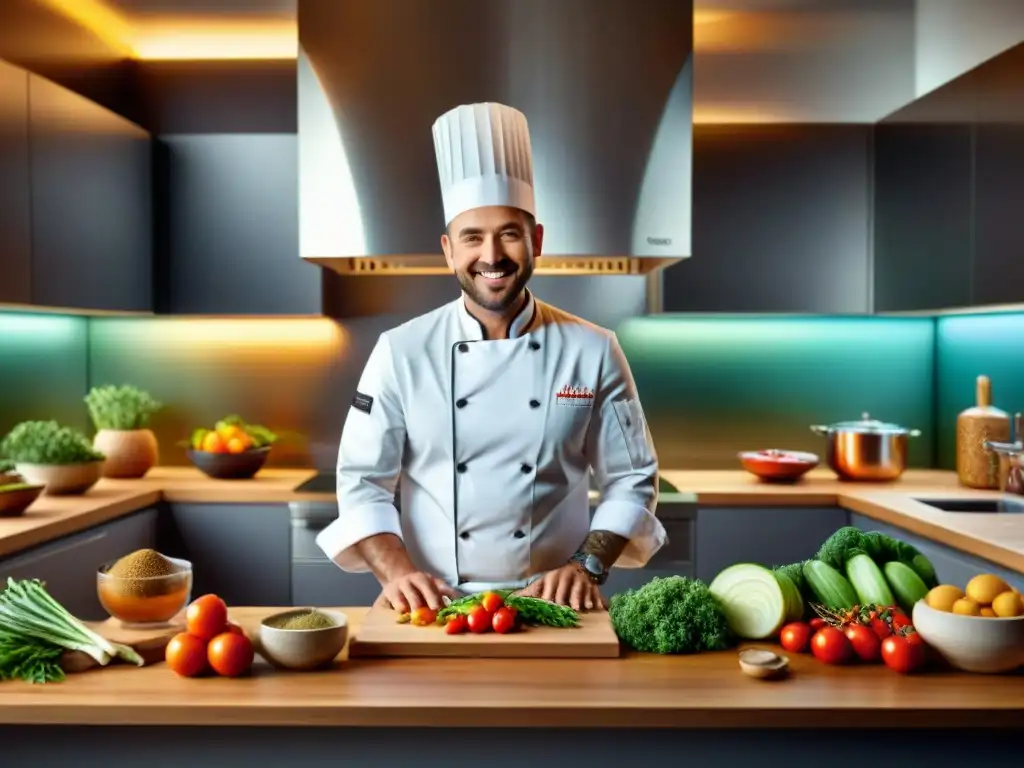 Un chef sonriente preparando plato sin gluten en cocina moderna con ingredientes frescos