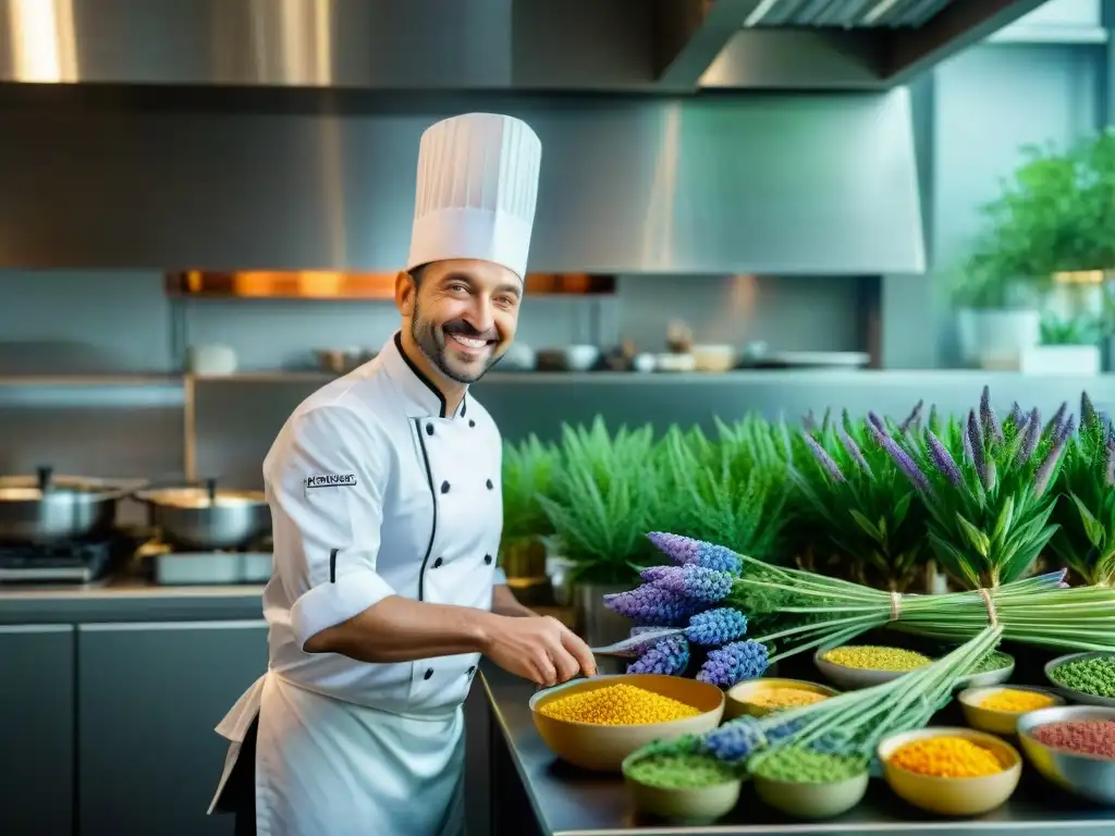 Chef sonriente preparando platos sin gluten con lupino en cocina moderna rodeada de plantas vibrantes