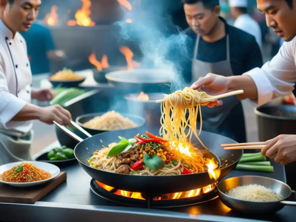 Un chef tailandés preparando una receta Pad Thai sin gluten en un mercado callejero bullicioso