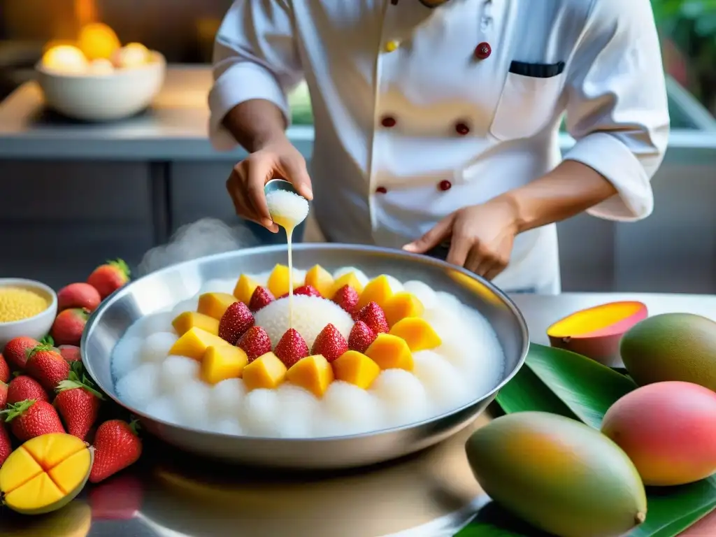 Un chef preparando tapioca con frutas tropicales frescas