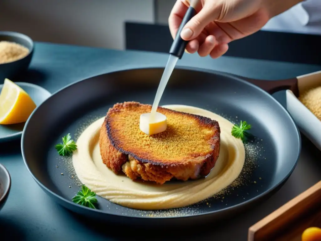 Un chef cubre una tierna pieza de ternera con migas sin gluten, dorándola a la perfección en una sartén, en una cocina profesional