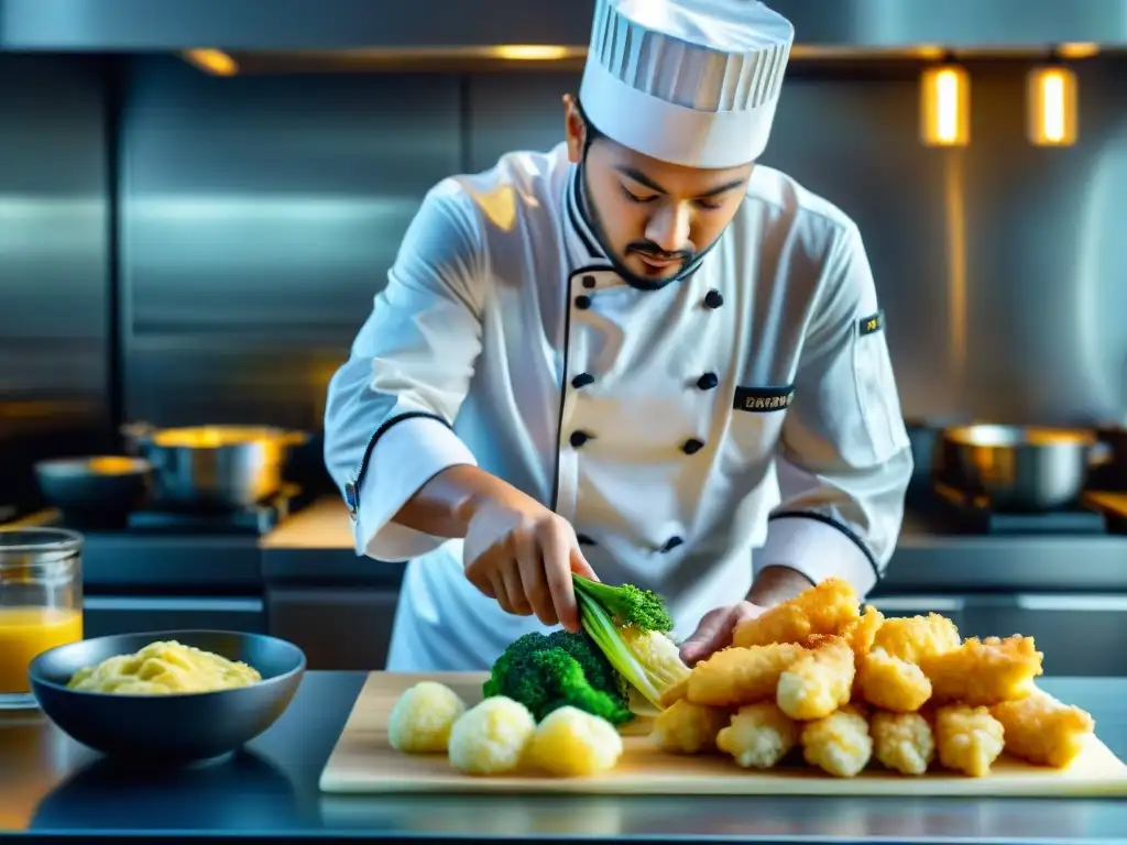 Un chef sumerge meticulosamente vegetales y mariscos sin gluten en tempura, destacando la perfección crujiente