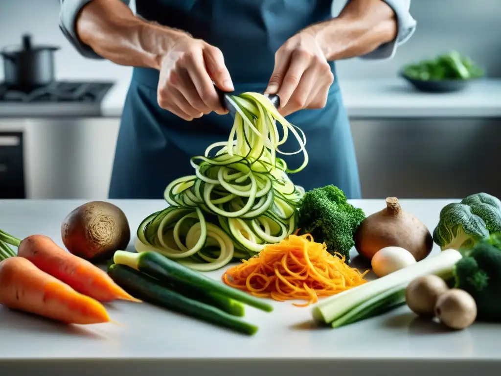 Un chef hábil espiraliza vegetales vibrantes en una cocina moderna