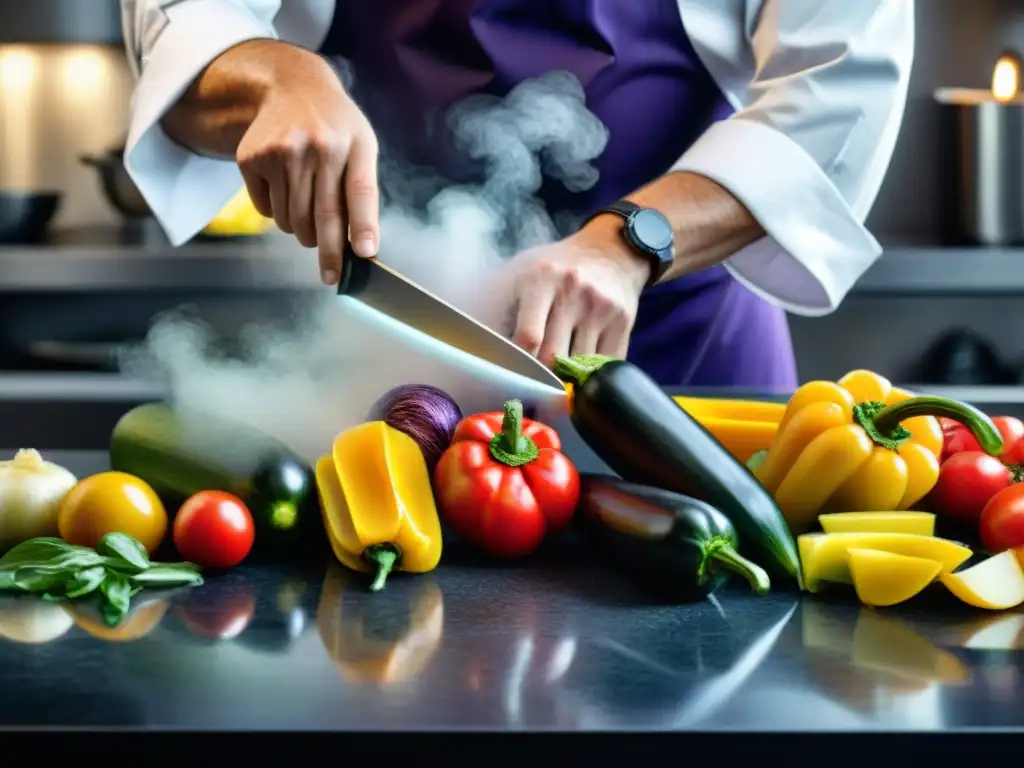 Chef cortando verduras coloridas en una cocina moderna, mostrando la frescura de la cocina sin gluten con papa