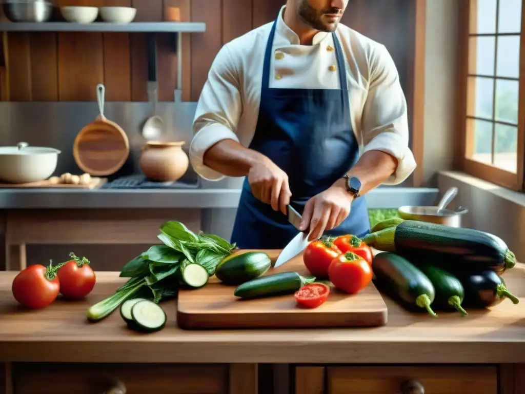 Chef cortando verduras frescas en cocina francesa rústica