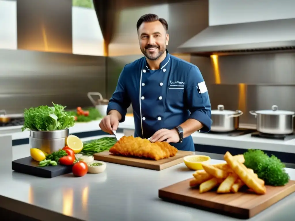 Un chef prepara una versión sin gluten de fish and chips en una cocina moderna