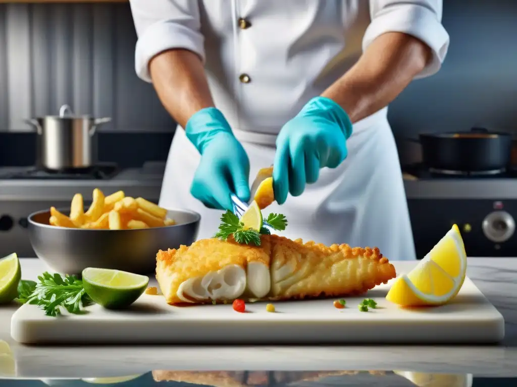 Un chef prepara una versión sin gluten de Fish and Chips en una cocina británica moderna