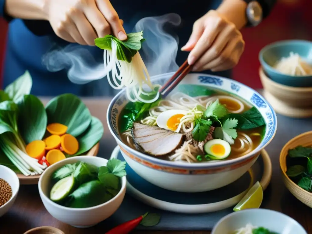 Un chef vietnamita preparando con destreza un Pho sin gluten en una cocina tradicional vietnamita