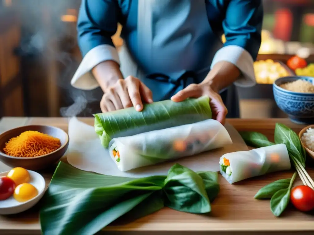 Un chef vietnamita crea un rollo primavera sin gluten con destreza en un mercado callejero vietnamita bullicioso