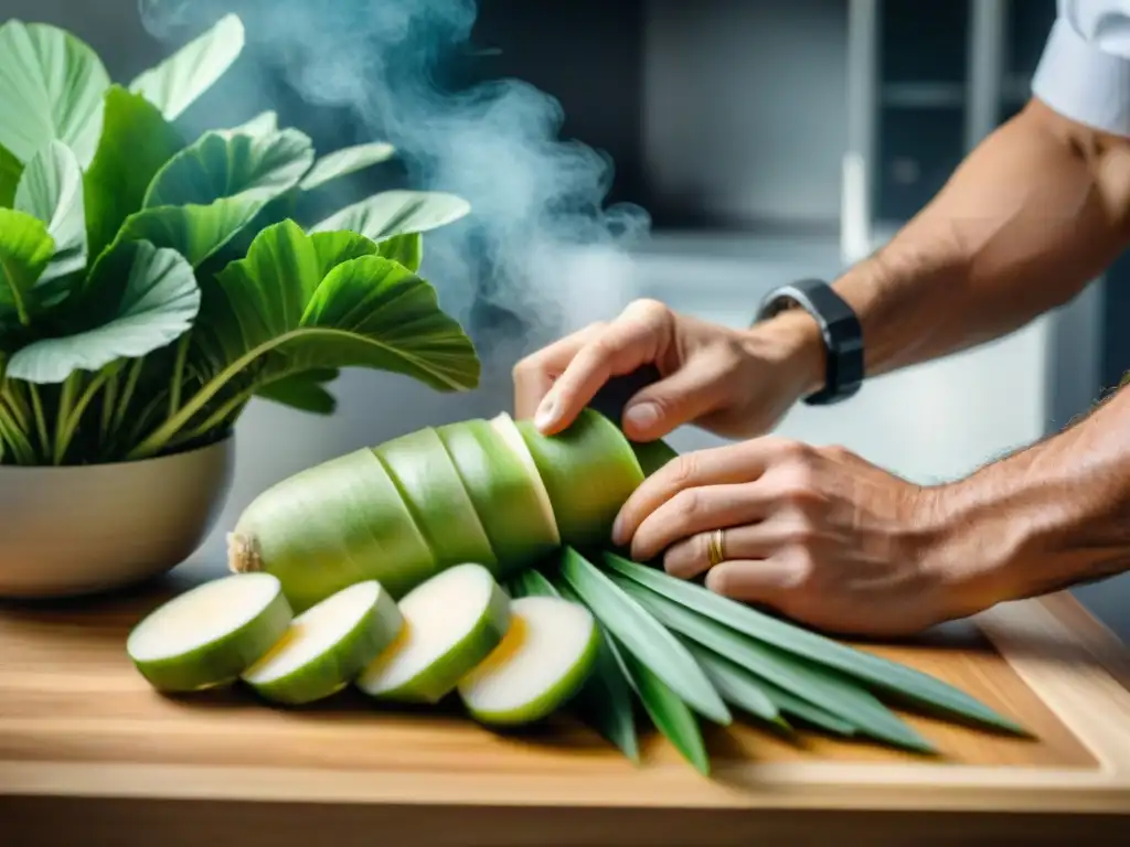 Un chef cortando yuca fresca en una cocina moderna, resaltando la versatilidad de este ingrediente sin gluten