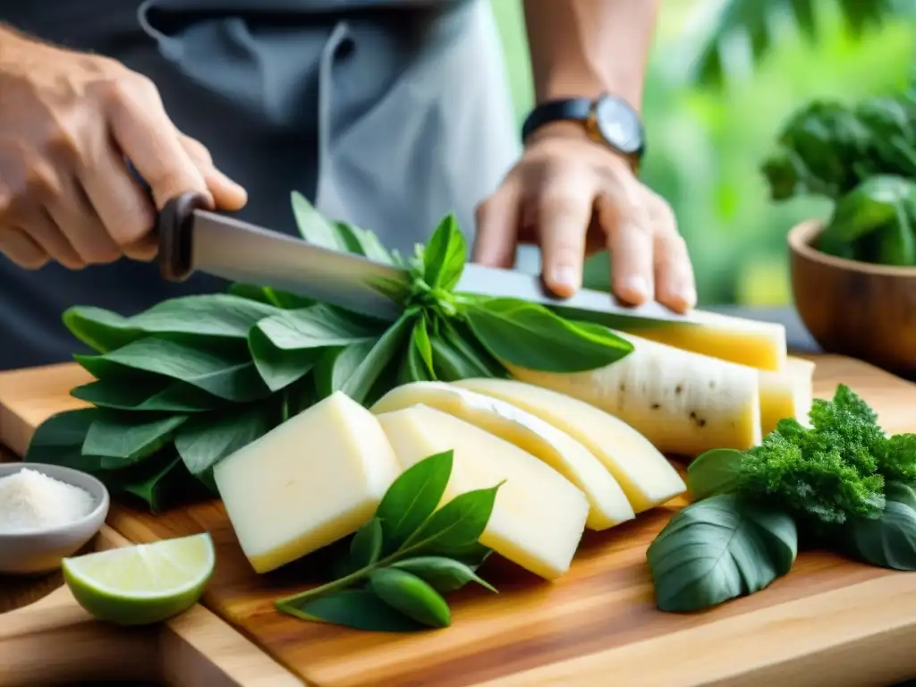 Un chef cortando yuca fresca sobre tabla de madera, con hojas verdes al fondo