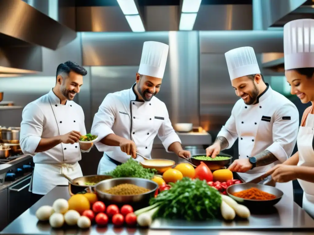 Chefs de diversas culturas cocinando juntos en restaurante menú sin gluten éxitos