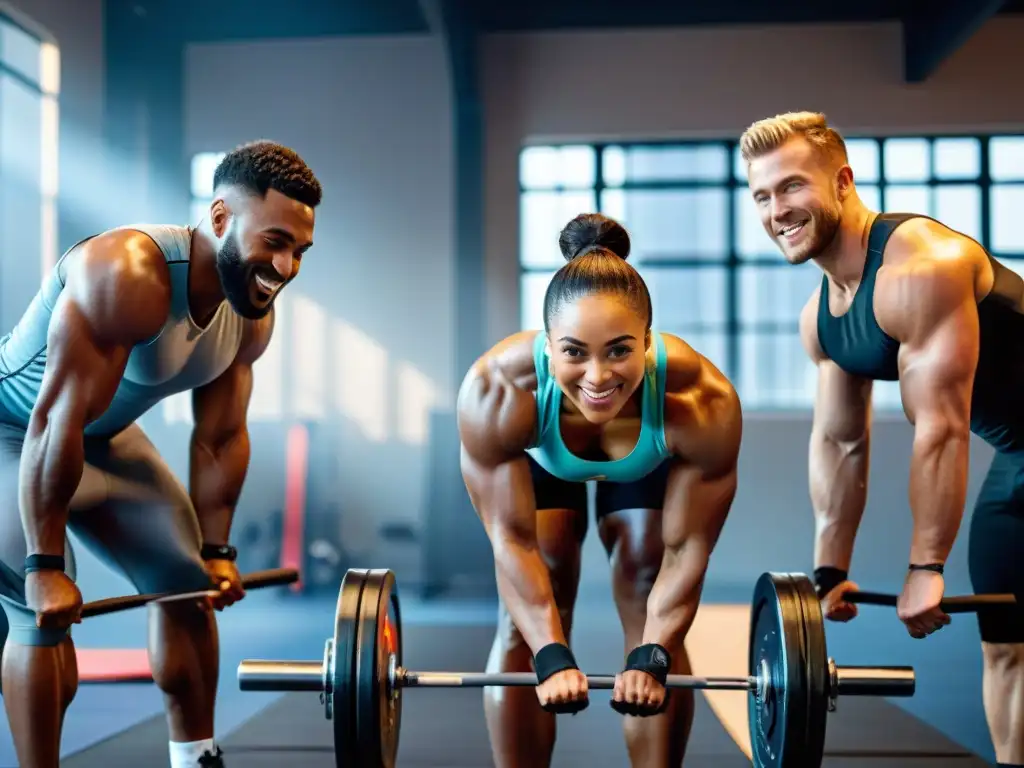 Un ciclista, una corredora y un levantador de pesas sonrientes y fuertes en un gimnasio moderno, transmitiendo determinación y energía