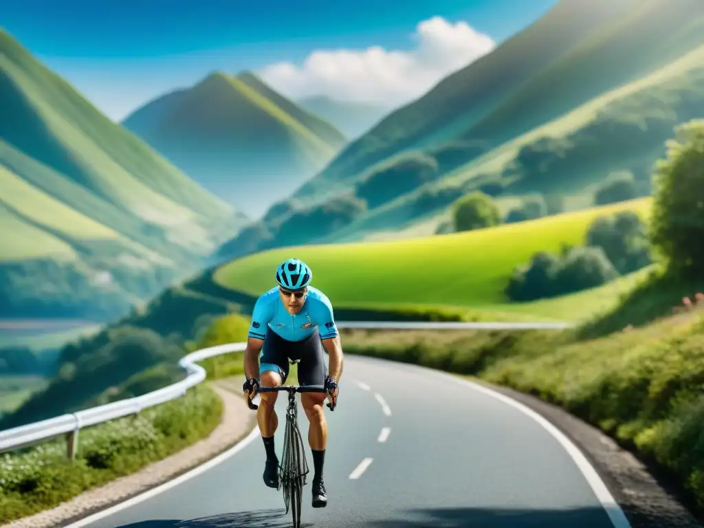 Un ciclista con un gel energético sin gluten, rodeado de montañas verdes y cielo azul, reflejando determinación