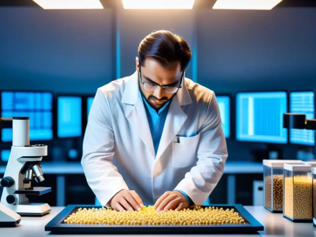 Un científico analiza secuencias de ADN de cereales sin gluten innovadores en un laboratorio moderno y futurista