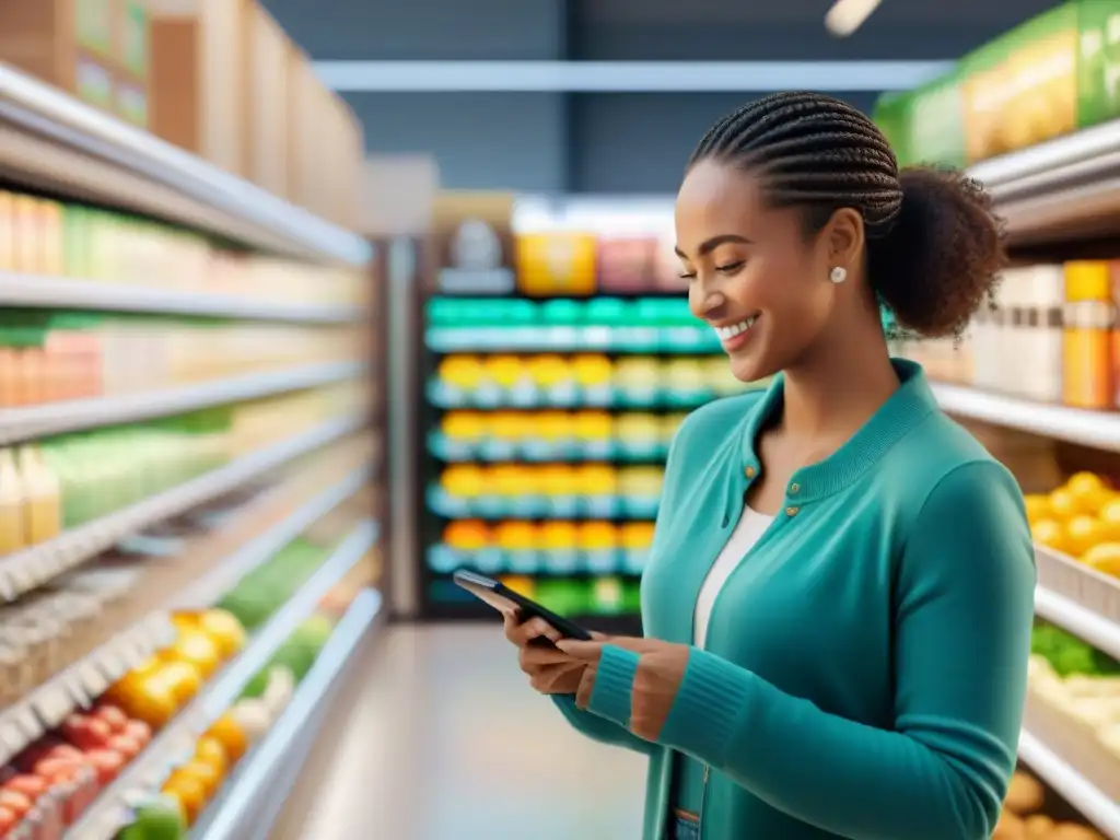 Clientes felices usando apps móviles para celíacos en el supermercado