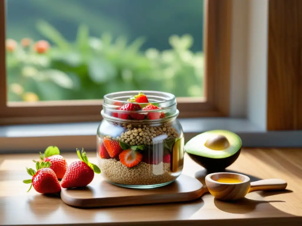 Un rincón de cocina acogedor con avena sin gluten, frutas frescas y miel, bañado en luz natural