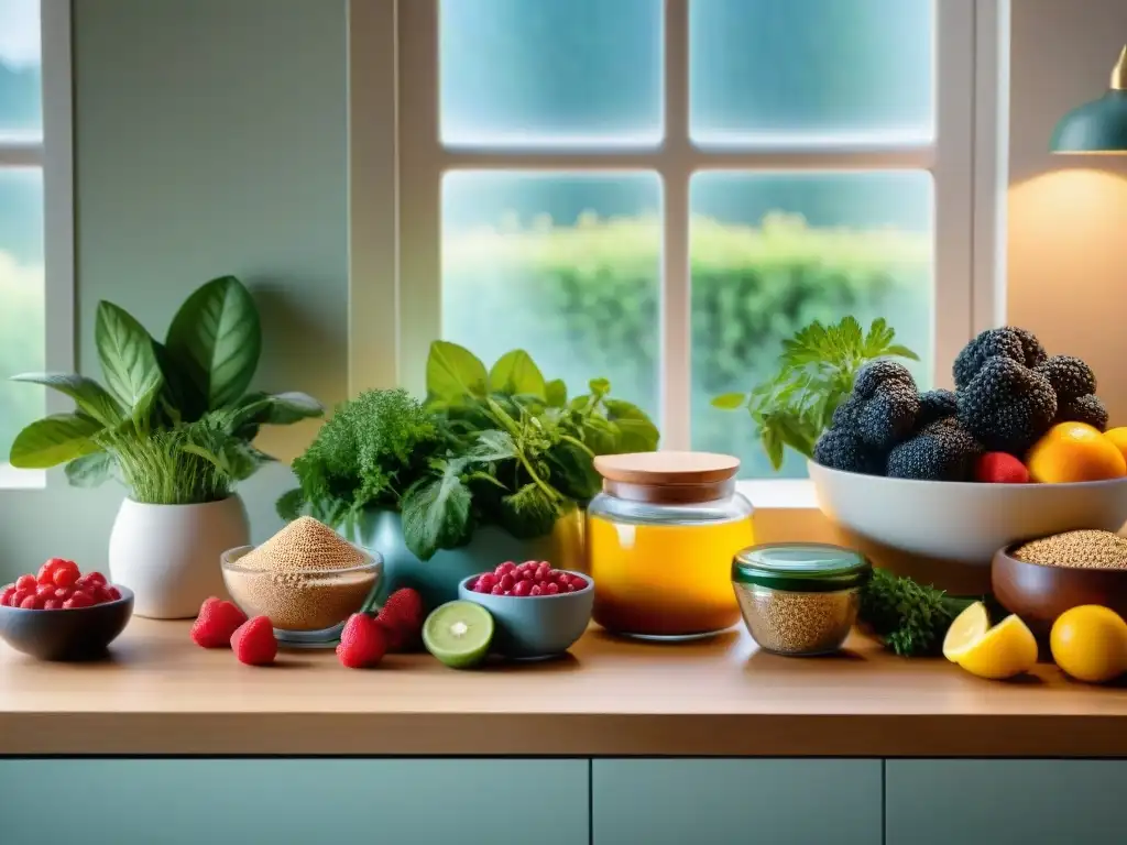 Una cocina acogedora con alimentos coloridos y libros de dieta sin gluten, transmitiendo paz y equilibrio