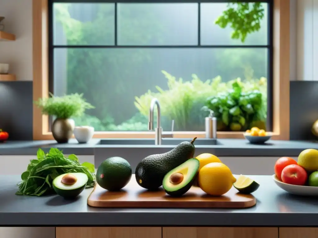 Una cocina acogedora con frutas y verduras vibrantes sobre una encimera de granito, bañada por la luz natural