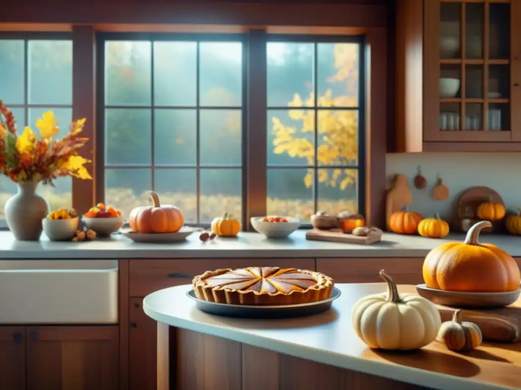 Una cocina acogedora llena de decoraciones de otoño, con recetas sin gluten saludables como tarta de manzana y pan de calabaza