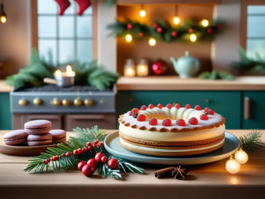 Una cocina acogedora llena de delicias navideñas sin gluten: galletas de jengibre, macarons y tronco decorado