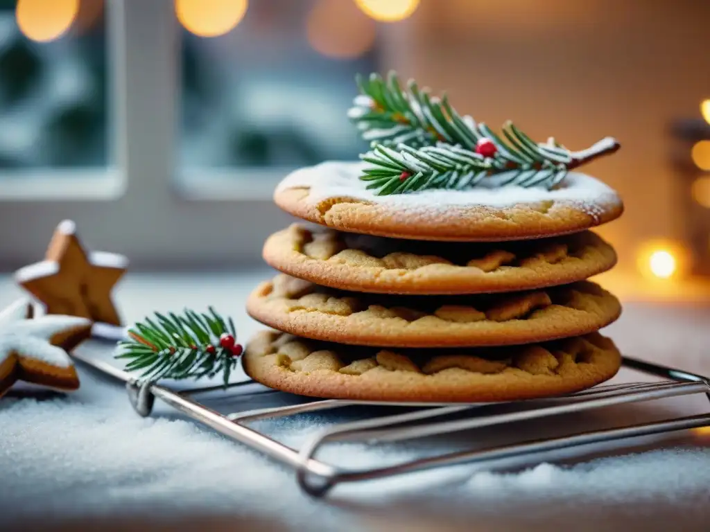 Una cocina acogedora llena de galletas de jengibre sin gluten decoradas, rodeadas de adornos festivos