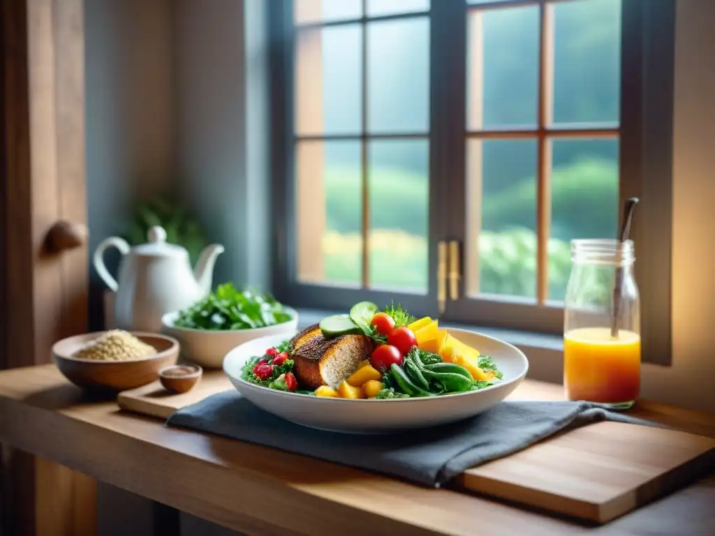 Una cocina acogedora con mesa de madera rústica, platos innovadores sin gluten