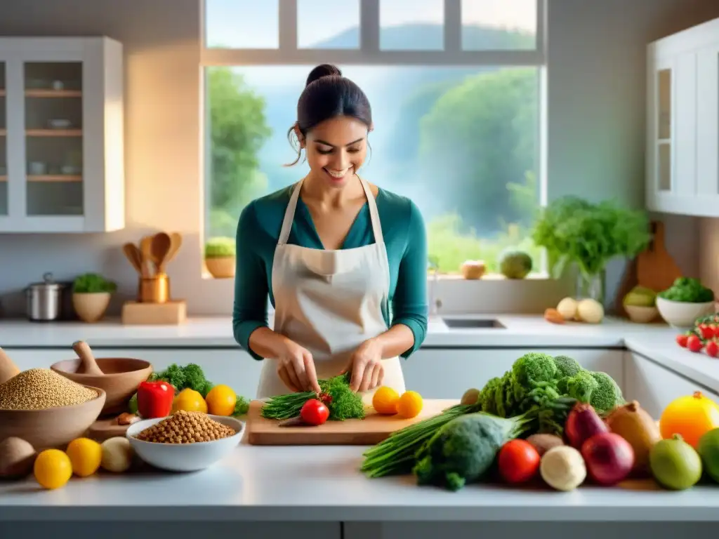 Una cocina acogedora con una mujer preparando platos sin gluten, rodeada de ingredientes frescos y libros de recetas