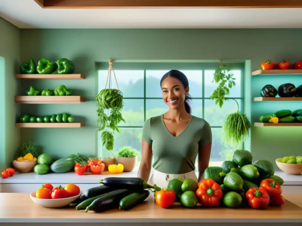 Una cocina acogedora y serena con una mesa de madera rústica llena de frutas y verduras coloridas