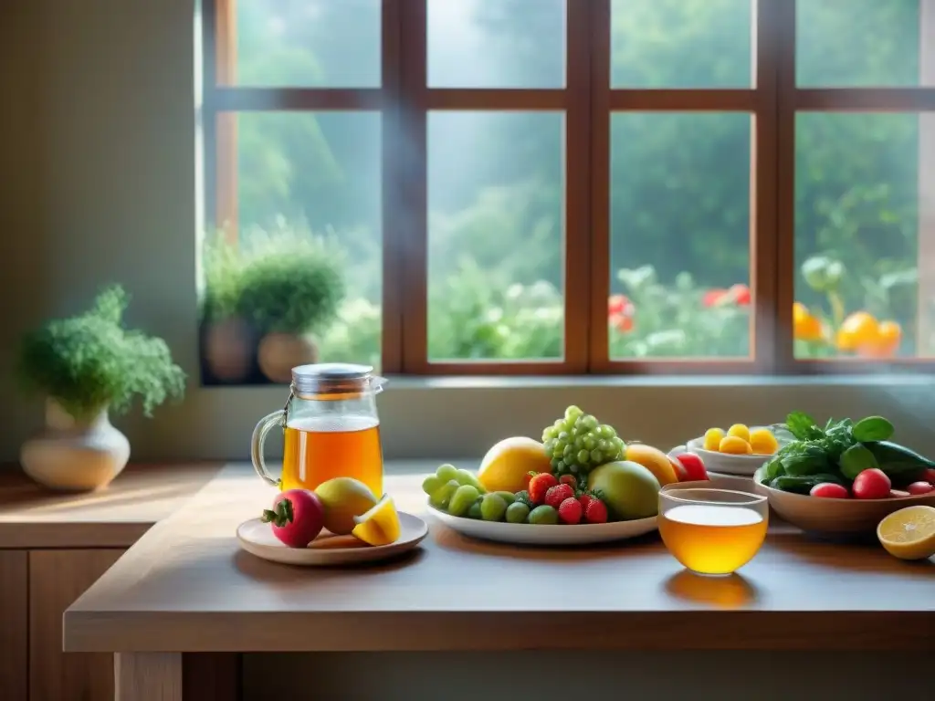 Una cocina acogedora con variedad de alimentos sin gluten para ansiedad: frutas, verduras, ensalada de quinoa, pasta sin gluten y té herbal